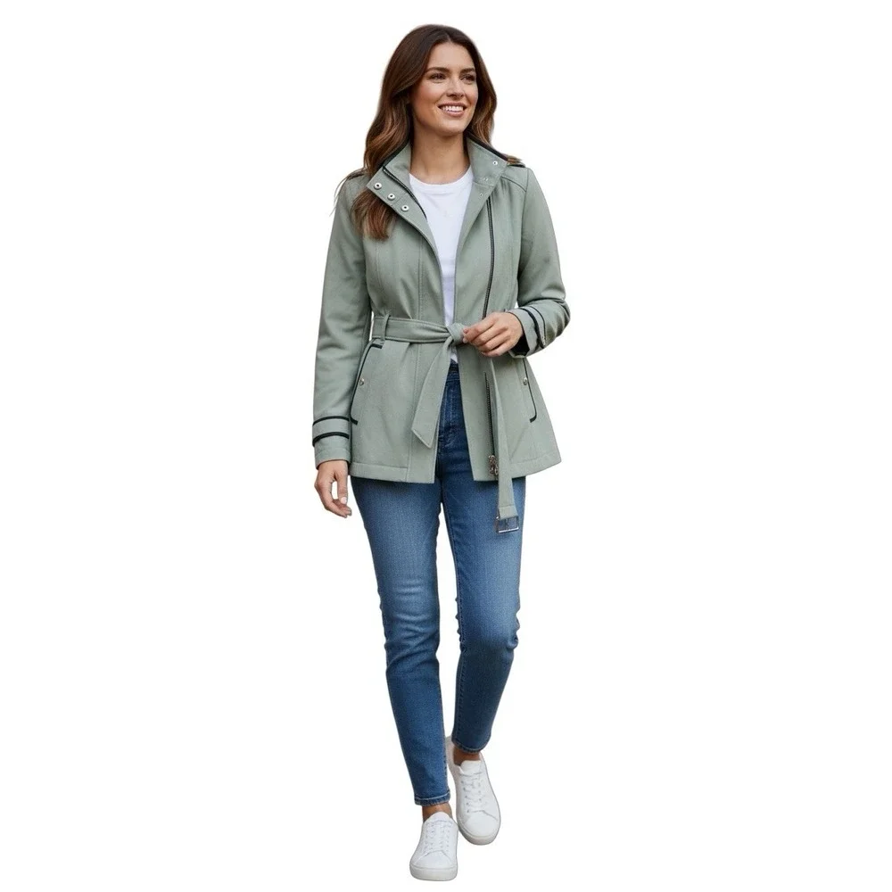 Michael Kors Belted Softshell Jacket Sage‎ Green Zip Hooded Moto Coat Size Small